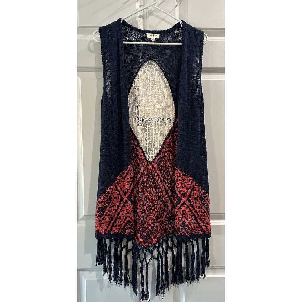 Umgee Boho Crochet Cutout Vest Sz M Fringe Red White Blue USA Patriotic Cardigan